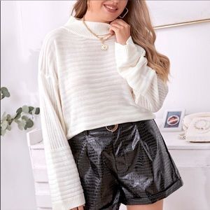 Mock Neck Ribbed Bishop Sleeve Sweater Ivory